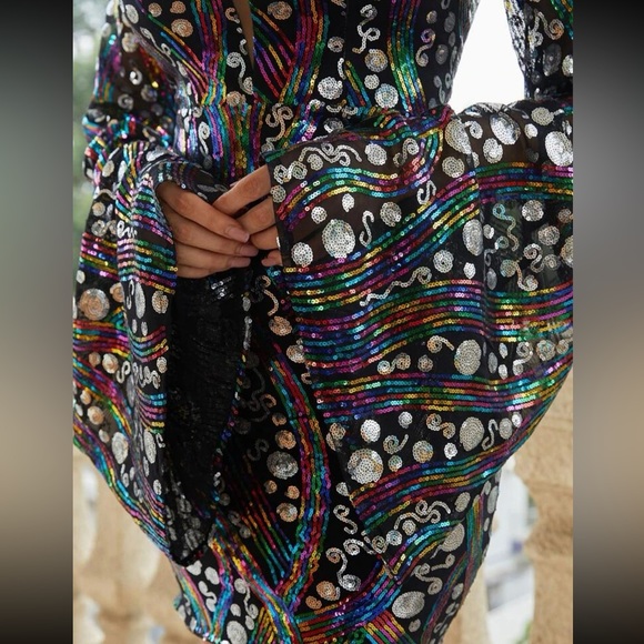 Luxe V neck sequins mesh insert flounce sleeve party formal evening dress LAST - Picture 5 of 8